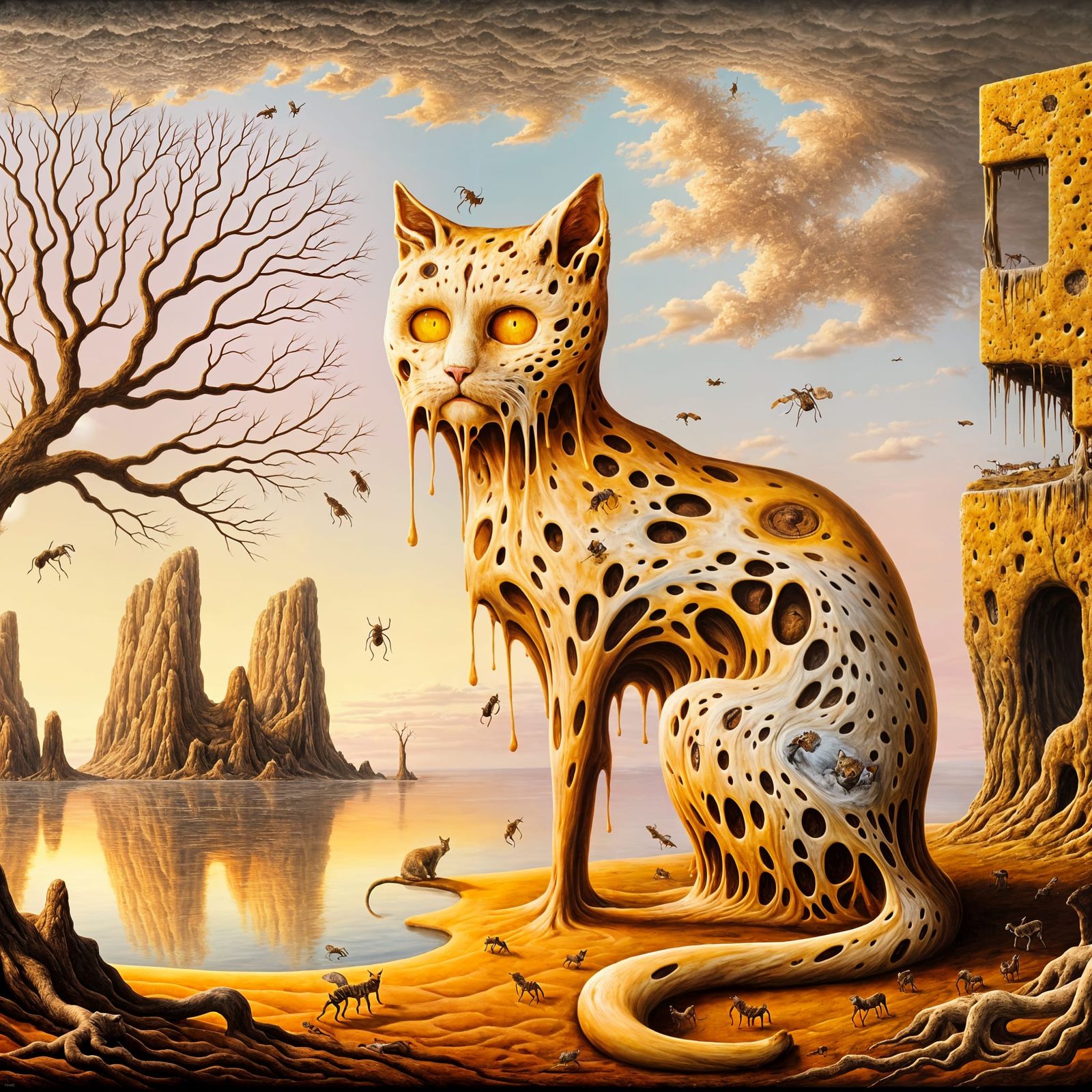 Distorted Feline Forms in a Surrealist Landscape