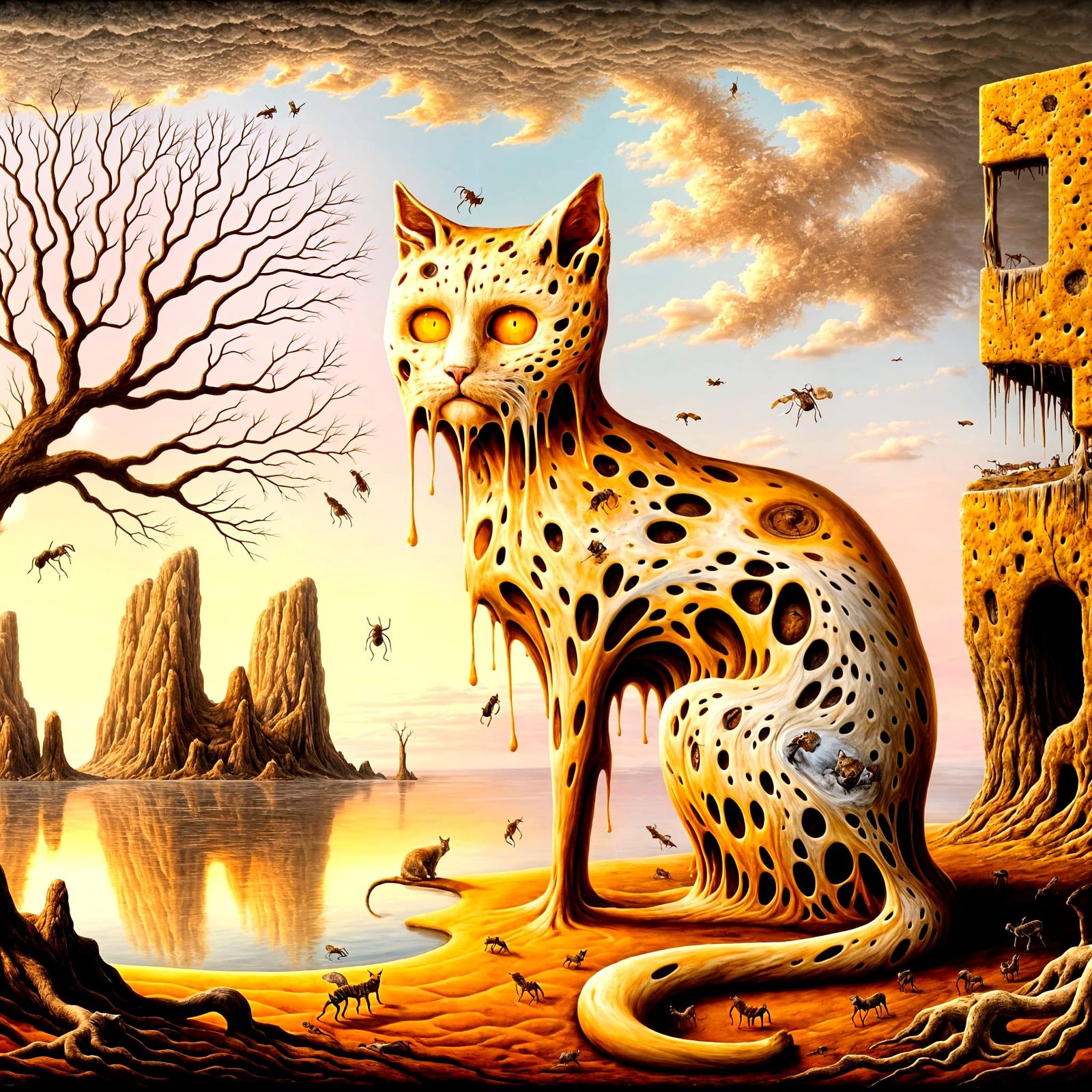 Surreal Melting Cats in Dreamlike Landscape