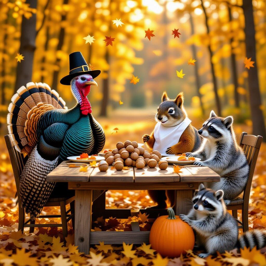 Whimsical Autumn Forest Feast with Animals in Storybook Styl...