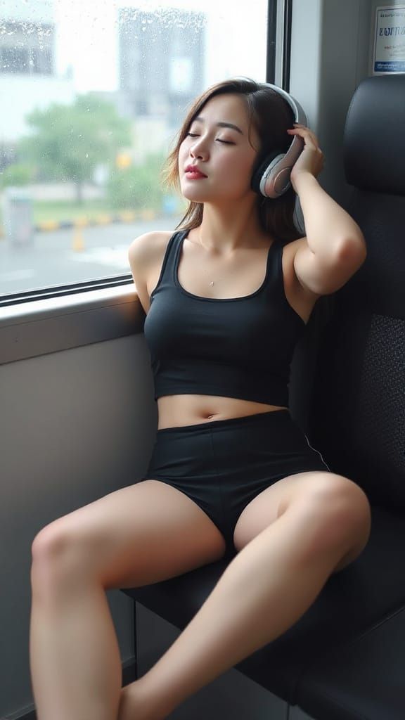 Young Woman Listening to Music on Rainy Day