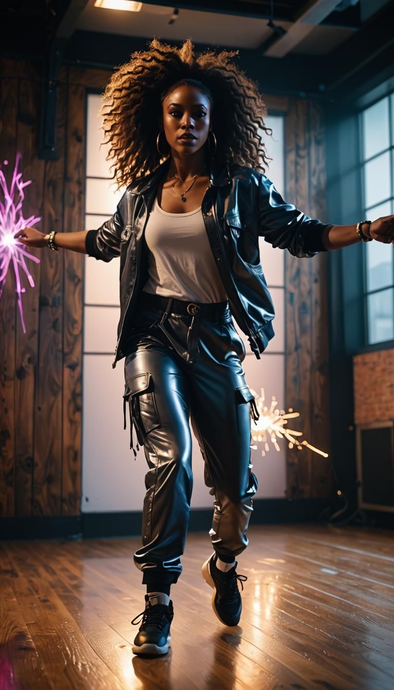 Beautiful African American hip-hop dancer, dressed in flashdance style clothing, with long, natural hair