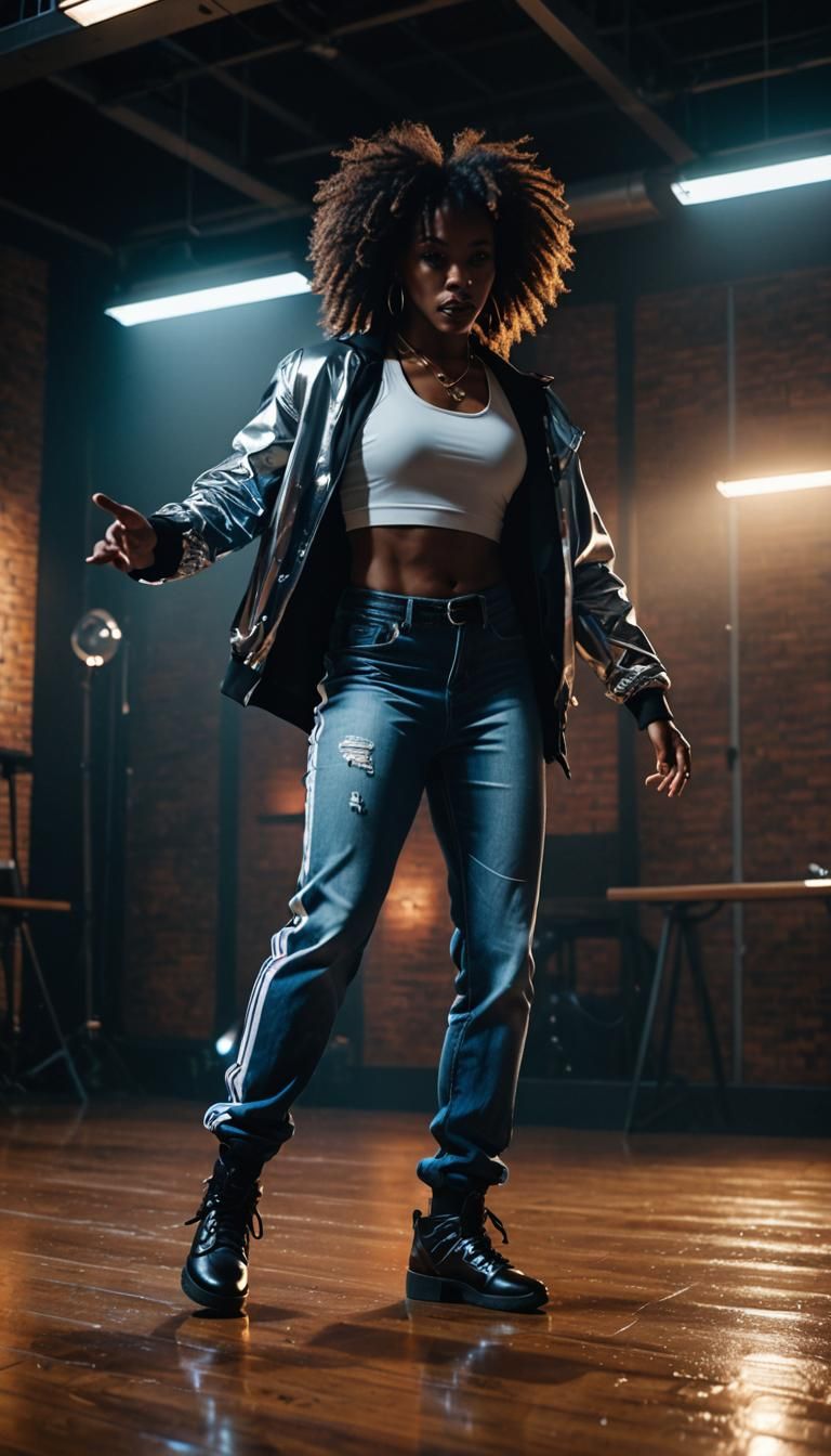 Beautiful African American hip-hop dancer, dressed in flashdance style clothing, with long, natural hair