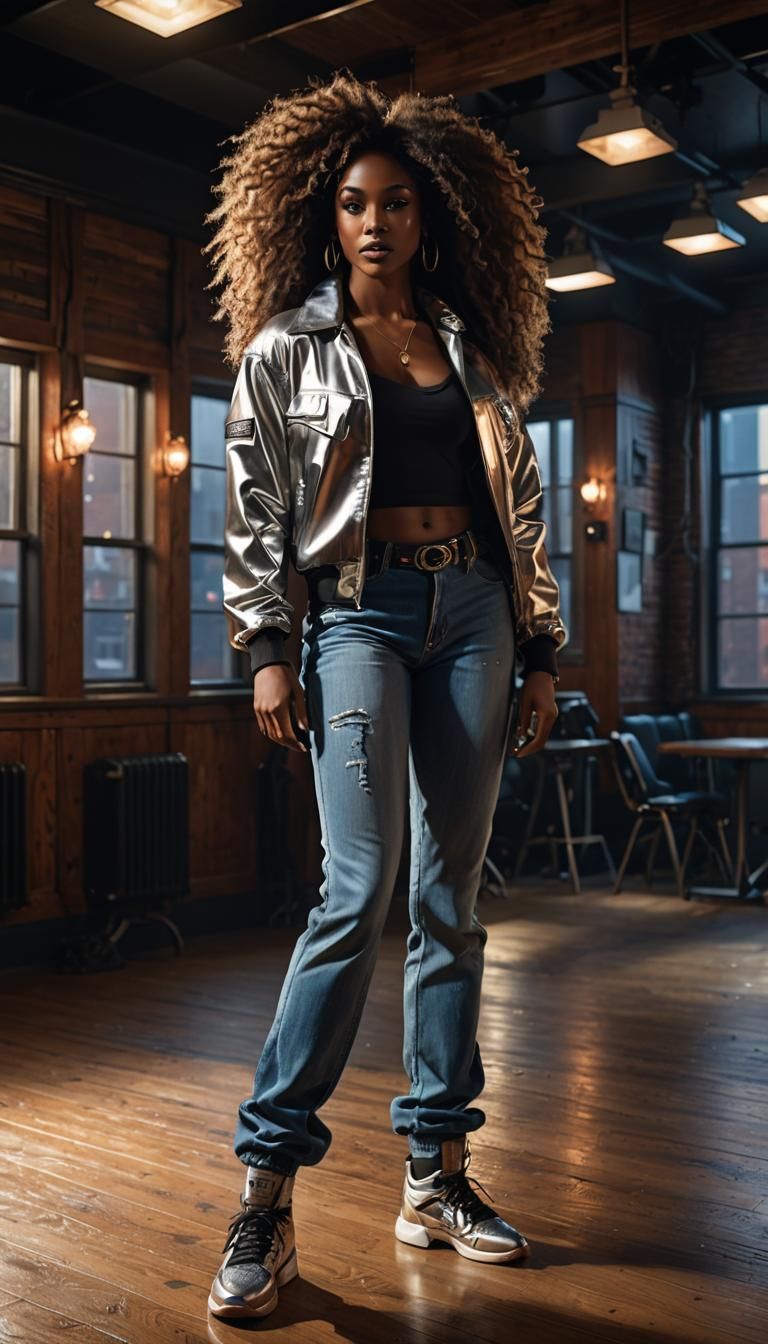 Beautiful African American hip-hop dancer, dressed in flashdance style clothing, with long, natural hair