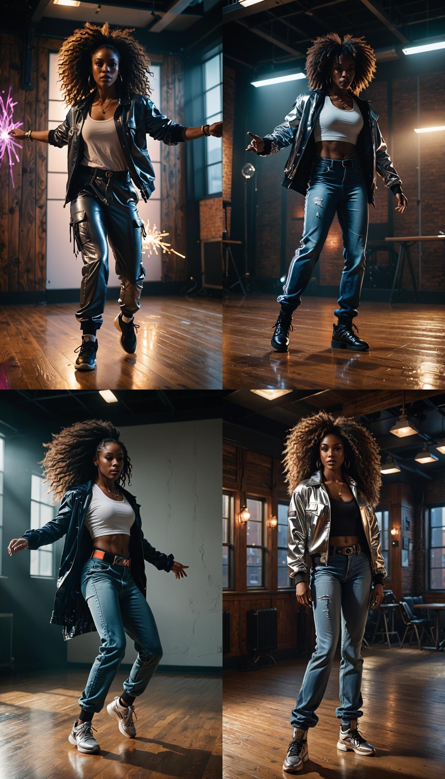 Beautiful African American hip-hop dancer, dressed in flashdance style clothing, with long, natural hair