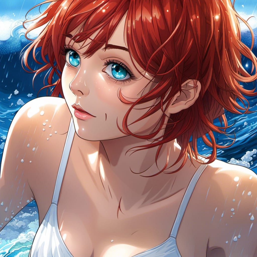 Anime Portrait: Woman with Red Hair in the Rain