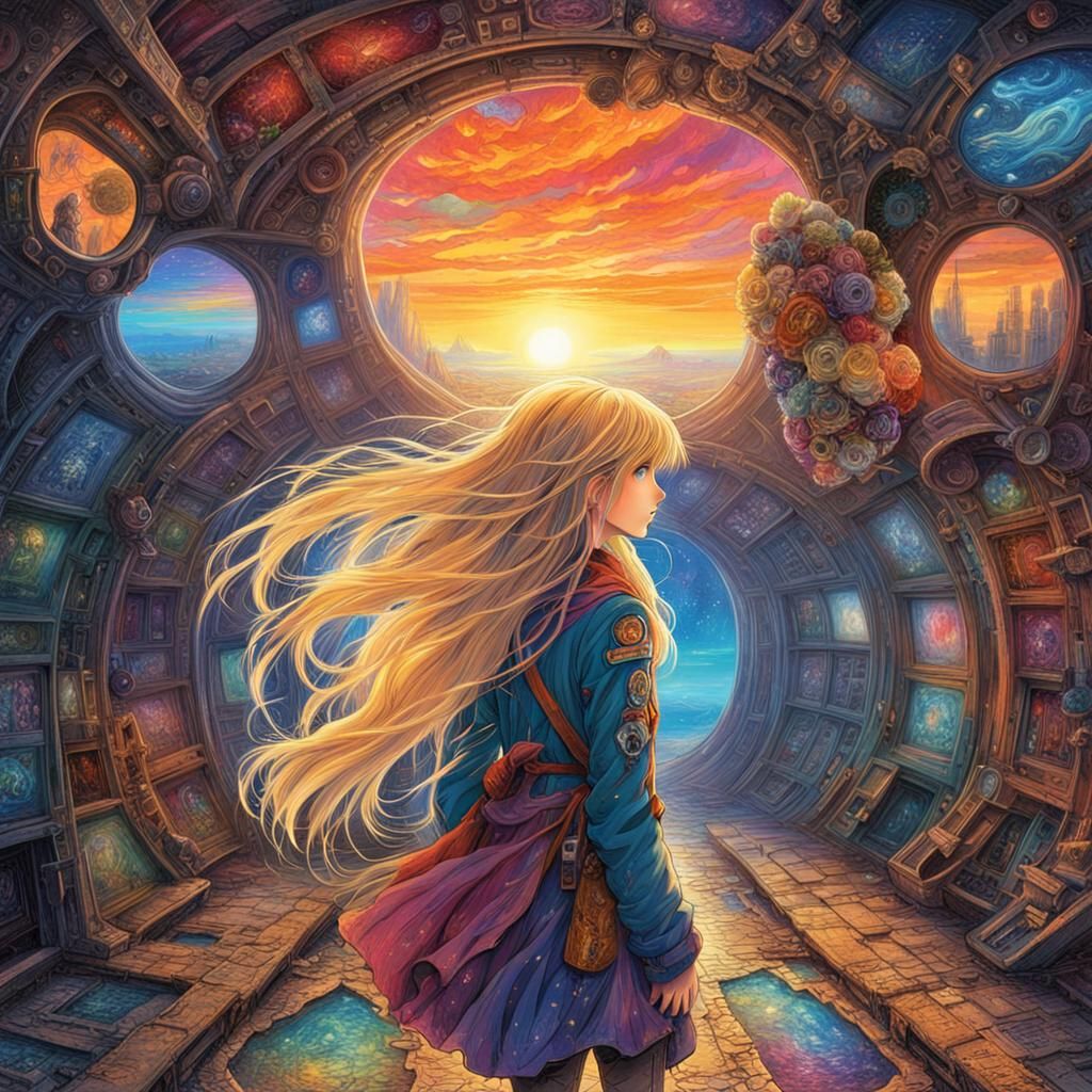 Anime Girl in Derelict Spaceship at Sunset