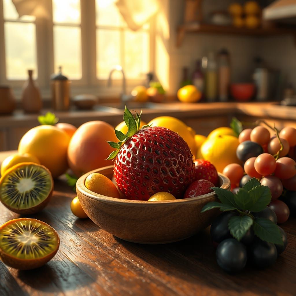 Whimsical Strawberry Scene in a Retro Kitchen with Exotic Fr...