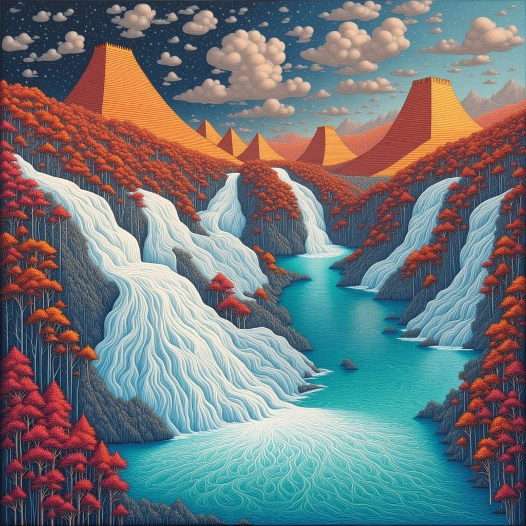 Autumn Waterfalls and Mesoamerican Pyramids Landscape