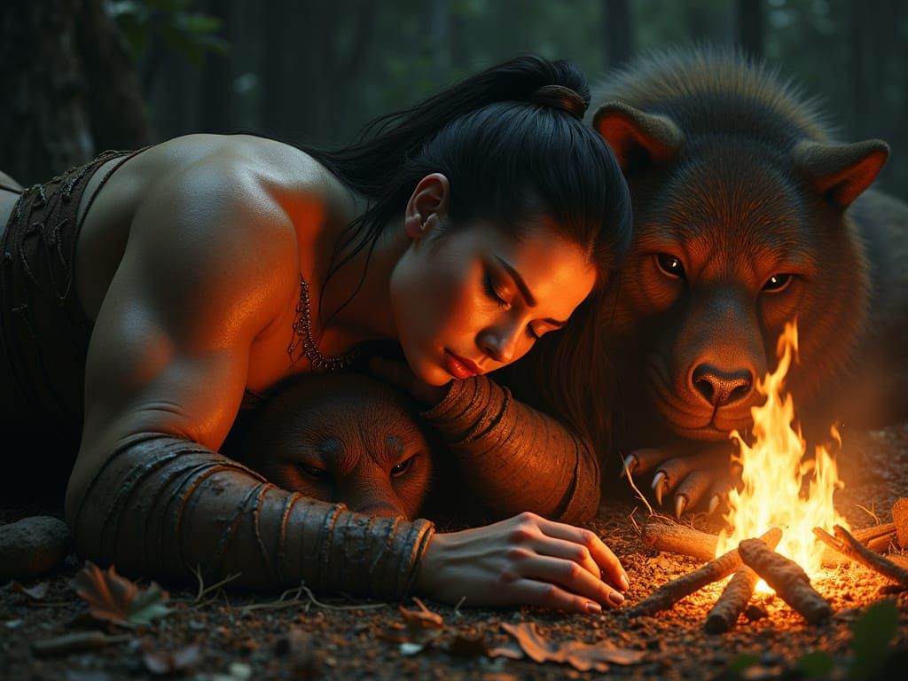 Muscular Warrior Sleeps by Firelight