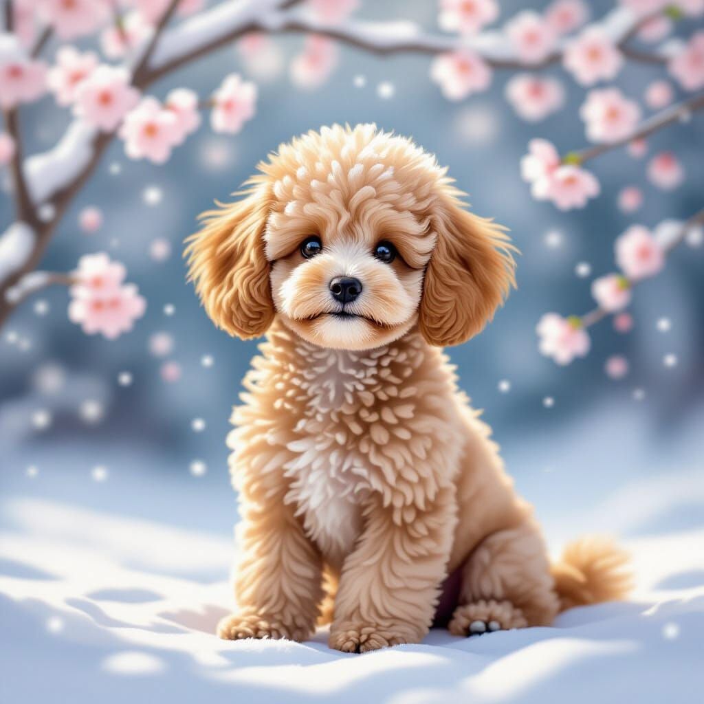 Cute Toy Poodle with Snowy Cherry Blossoms in Painterly Styl...