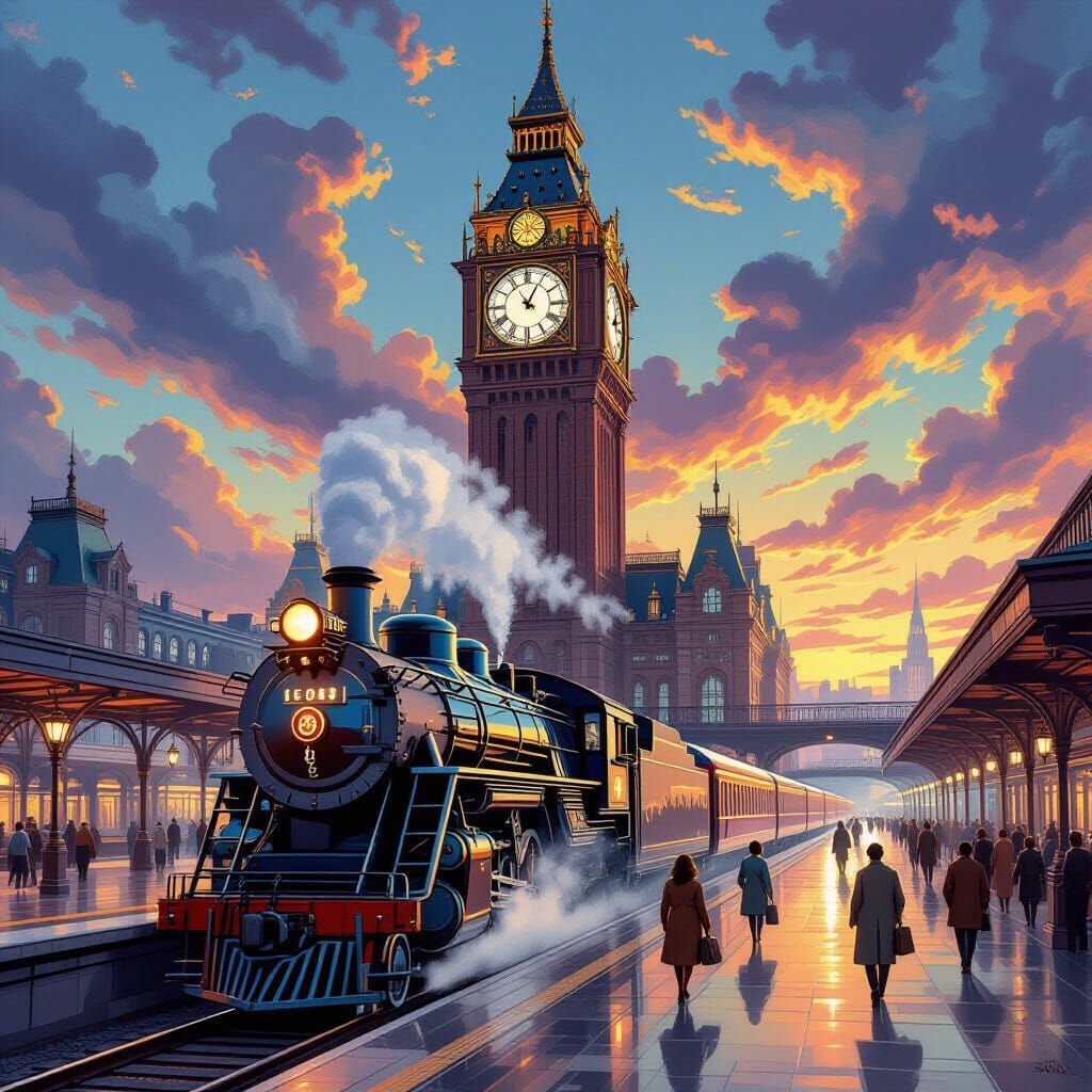 Retro-Futuristic Grand Central Station with Dimensional Trai...