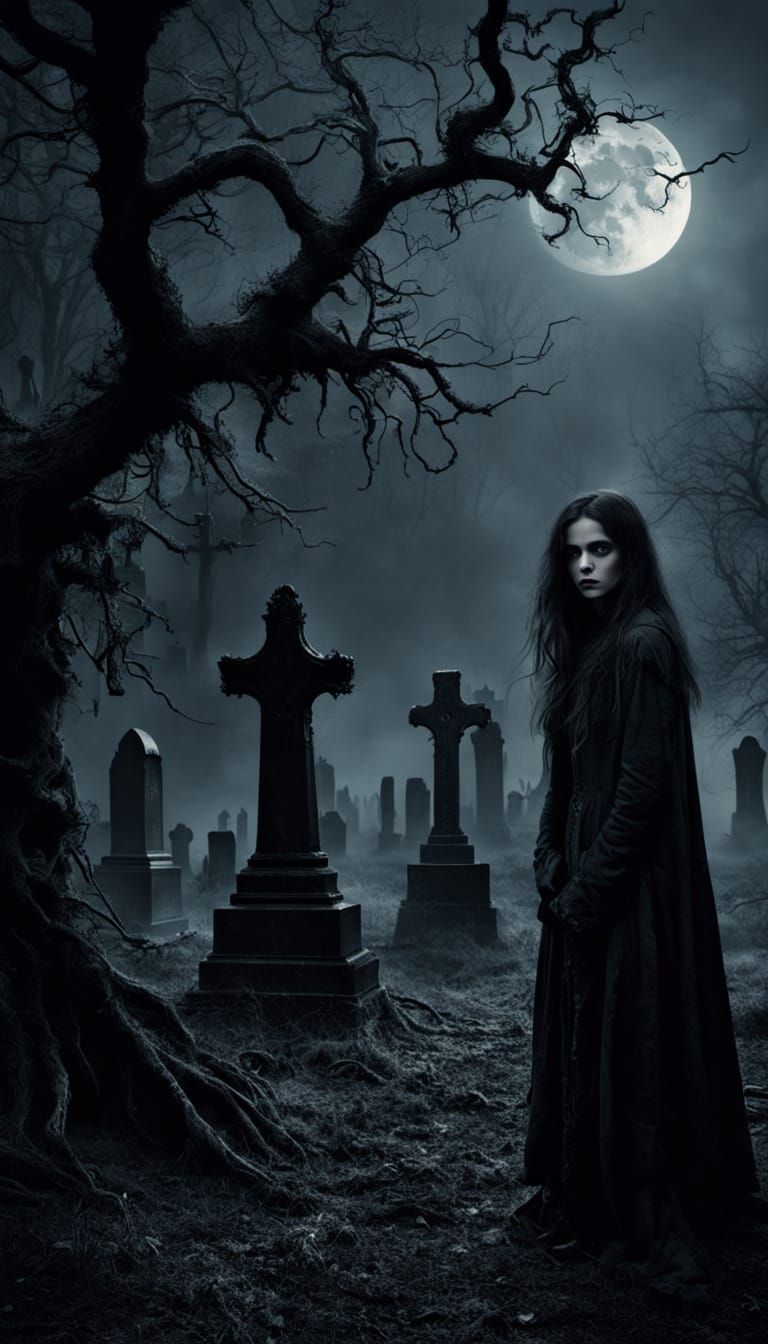 A Lonely Female Figure in a Haunting Abandoned Graveyard