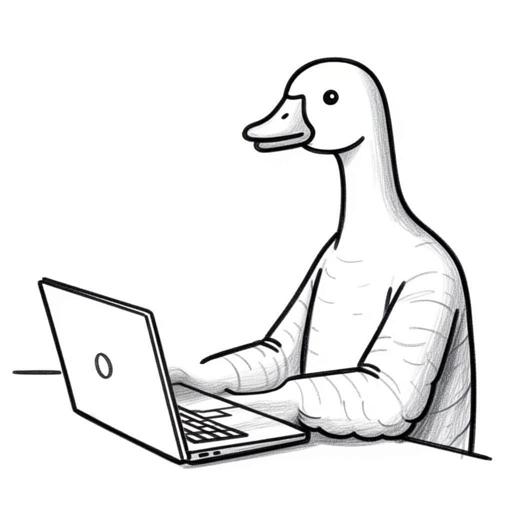 Pencil Line Drawing of Goose Using Laptop
