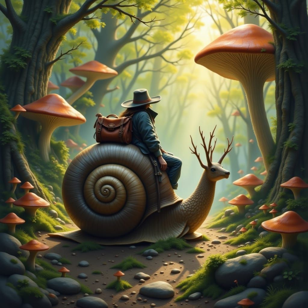 Fantasy Forest with Giant Mushrooms and Adventurer on Snail