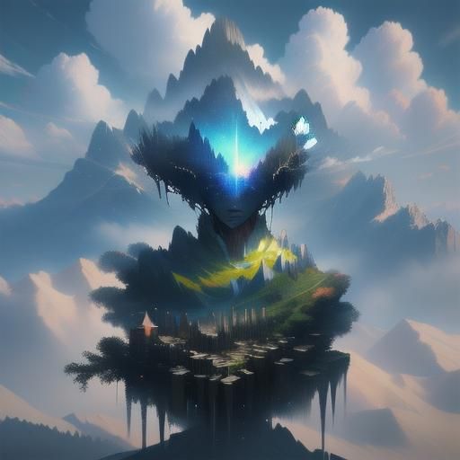 Fairy Wolf in Surreal Folk Art Landscape