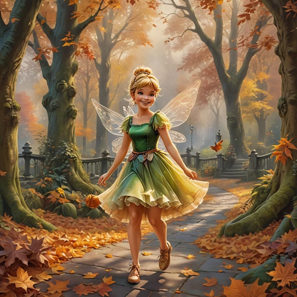 Joyful Autumn Girl in Fairy Park: Digital Oil Painting