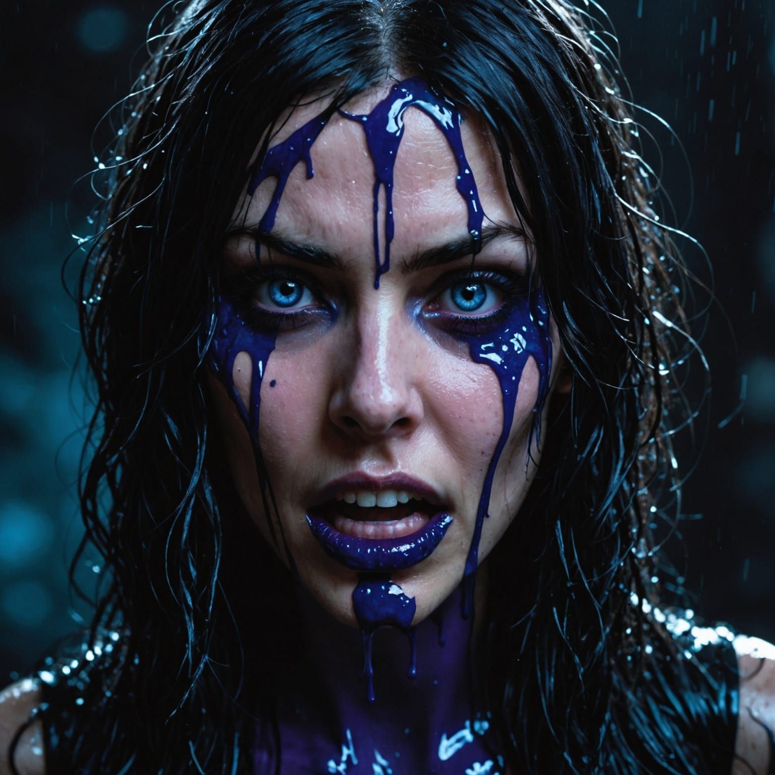 Gothic Horror Woman with Unsettling Expression in Dark Backg...