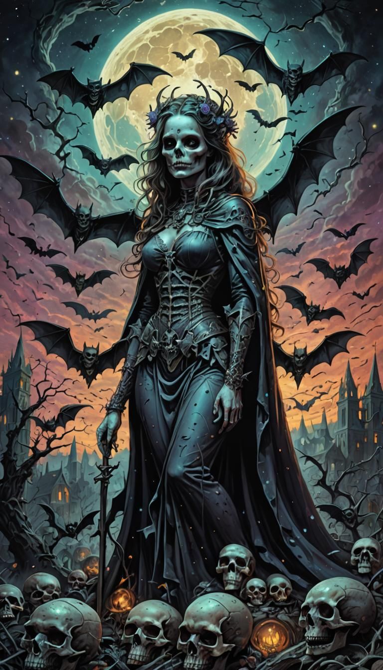 Holographic Horror Pinup with Graves and Skulls