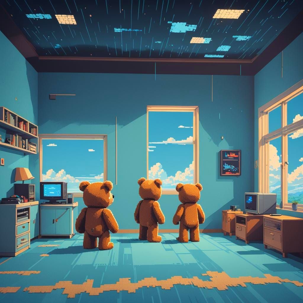 Pixel Art Teddy Bear on Sky Blue Backdrop