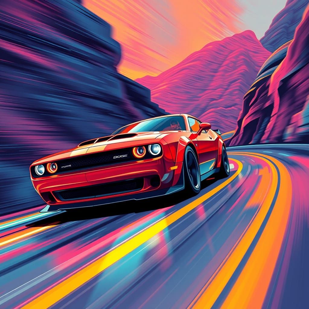 Futuristic Dodge Sport Car Speeds Down Winding Road