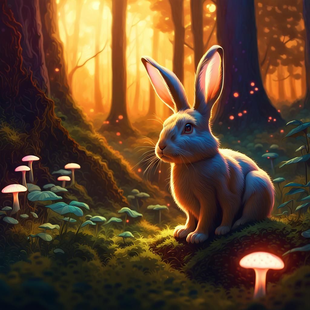 Rabbit in Mystical Forest Glade, Digital Painting