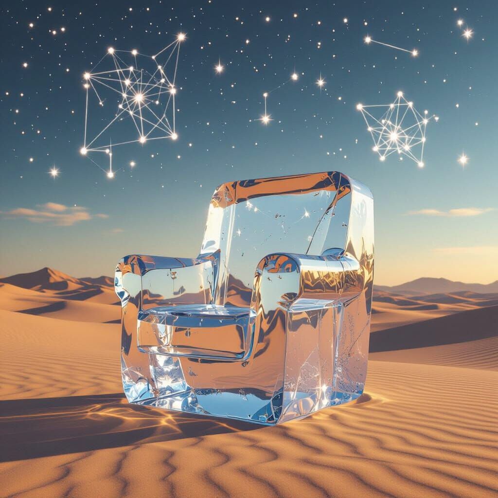 Ice Armchair Sculpture in Surreal Desert Landscape