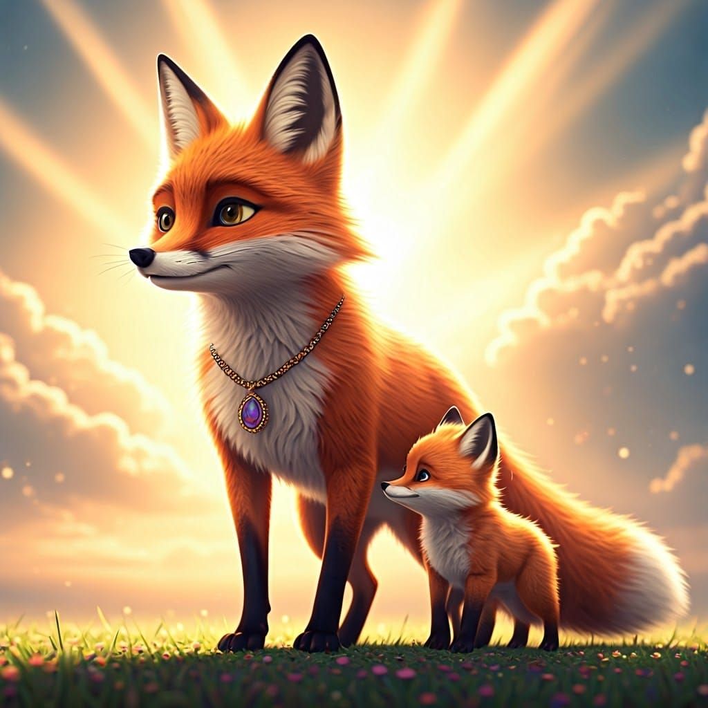3D Mother Fox and Cub in Dreamy Sunlight