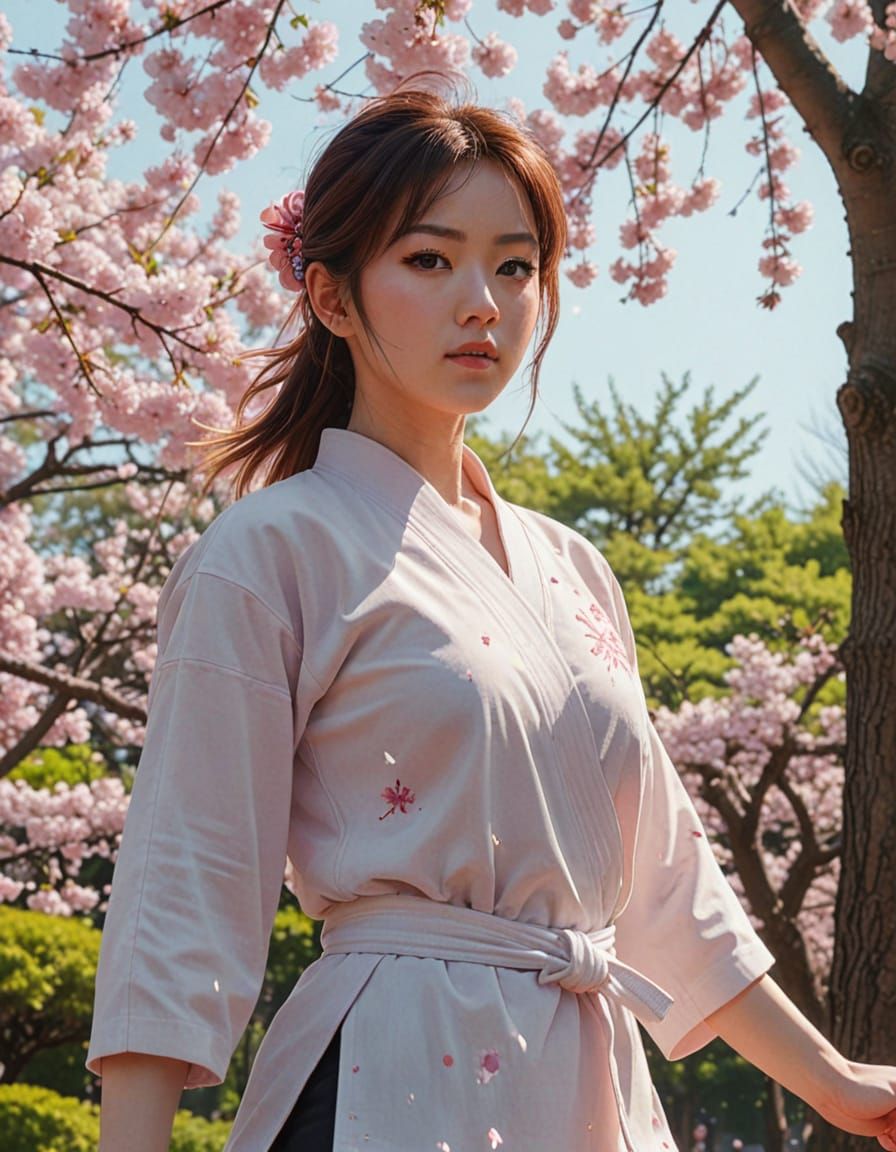 Karate Girl Under Cherry Blossoms in Watercolor Anime