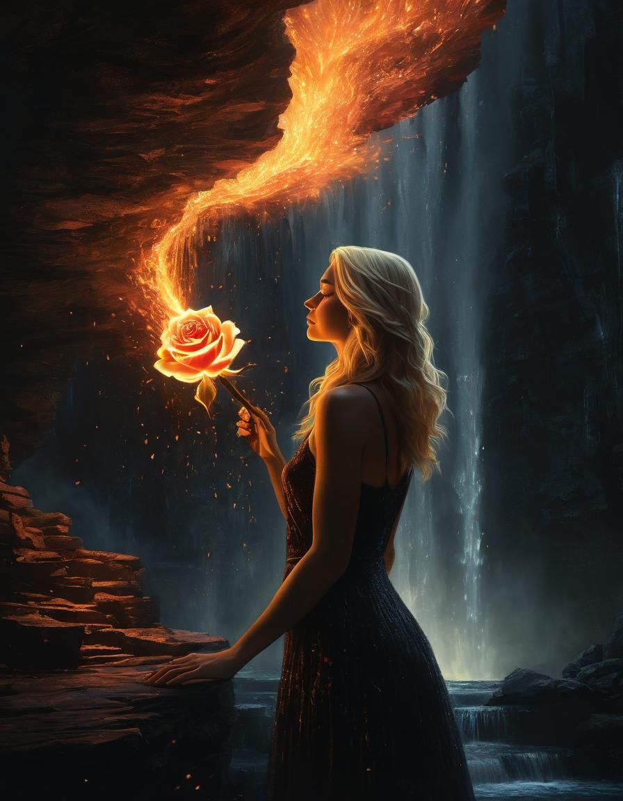 Fiery Rose Held in Grotto: Digital Painting