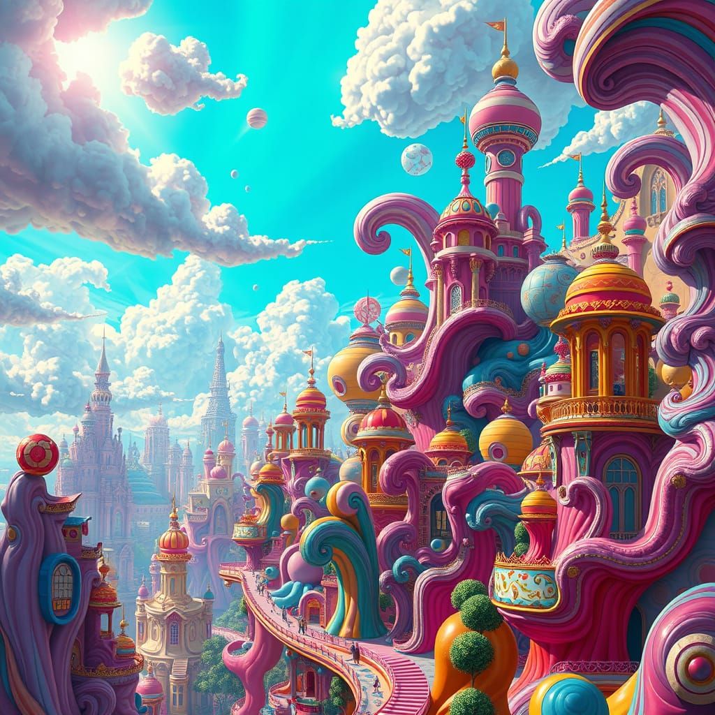 Surreal Cityscape in Vibrant, Swirling Architecture