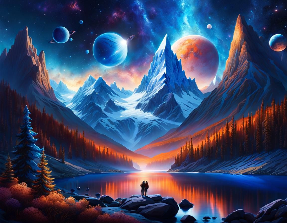 Blue Cosmic Landscape with Crystalline Mountains