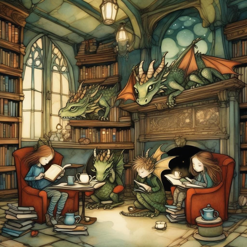 Cozy Dragons' Nighttime Story in Library