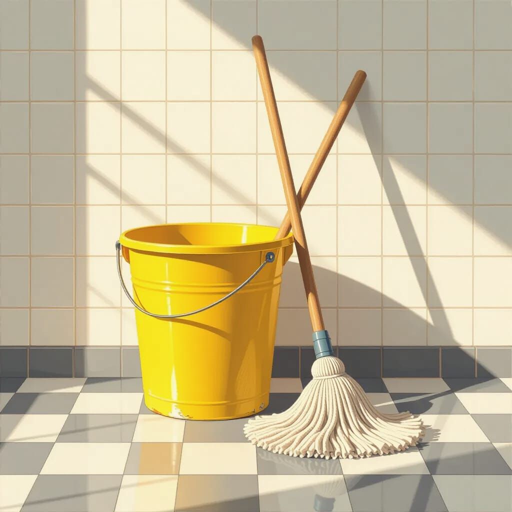 Hyperrealistic Mop Bucket Still Life on Tiled Floor