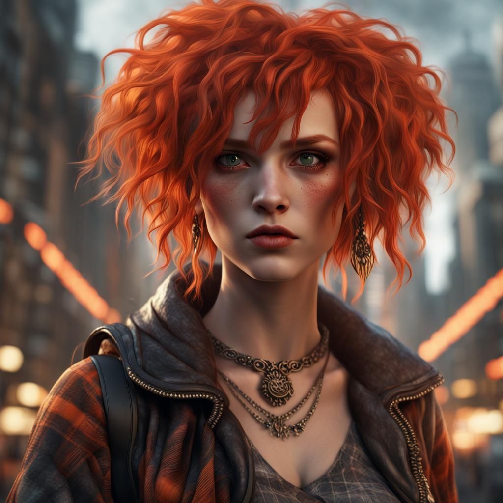 Punk Woman in Orange Plaid Skirt, Detailed Matte Painting