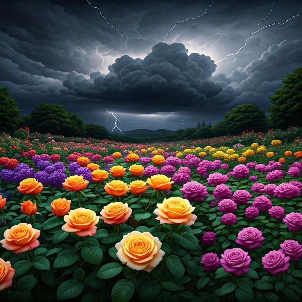Vibrant Roses in a Dark Fantasy Garden