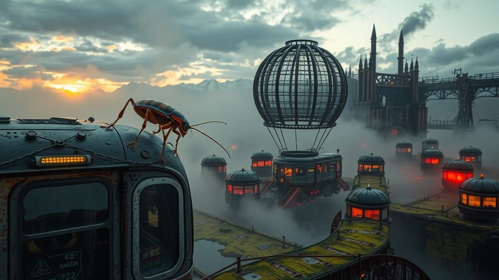 Cyborg Cockroach on Flying Train over Ruined Amusement Park