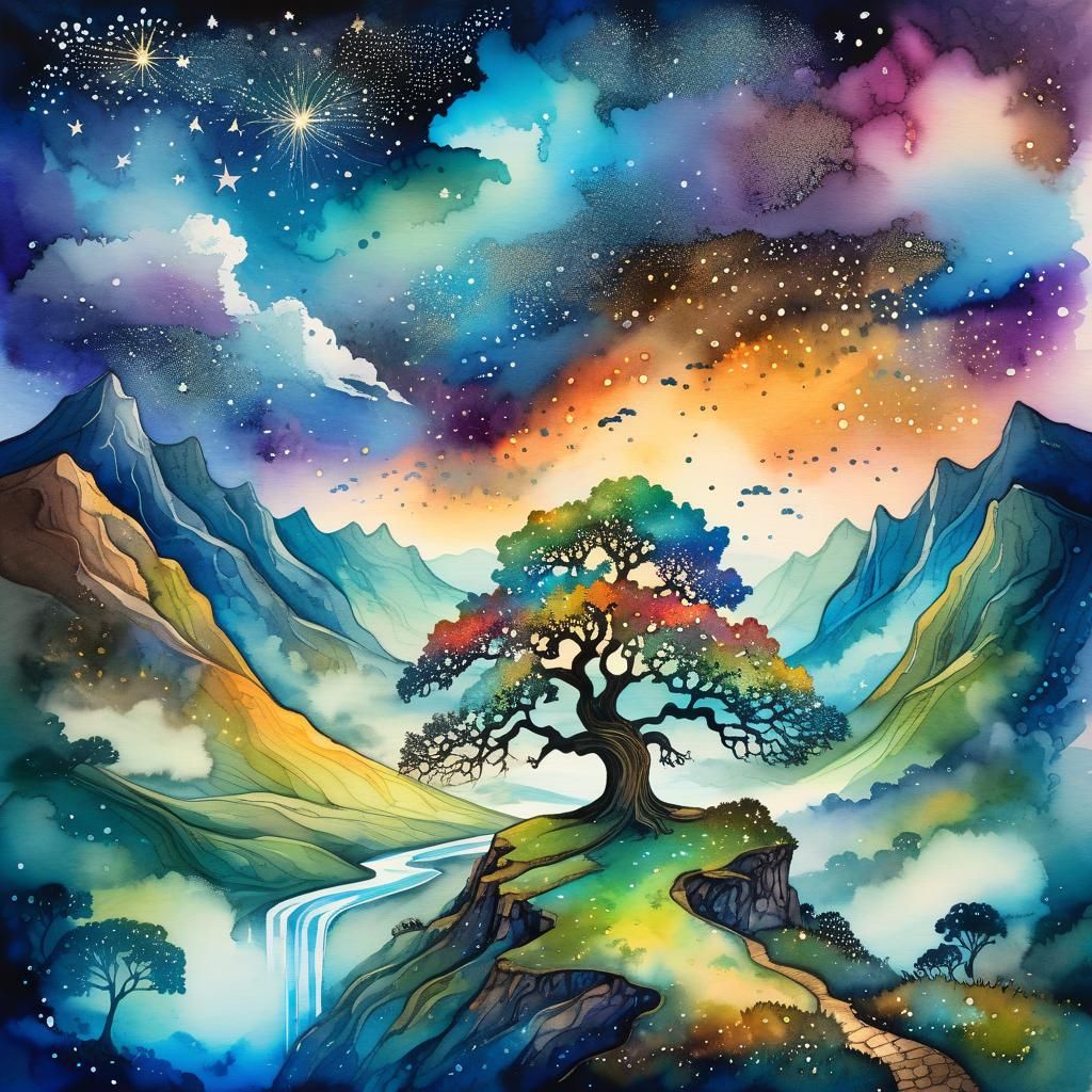 Old Oak Tree Overlooking Mountain Valley: Watercolor Dreamsc...