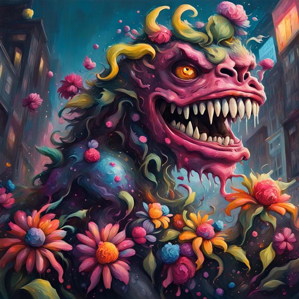 Flowers Monster Growling at Night in Graffiti Art Style