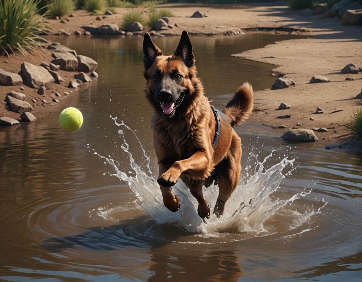 Belgian Shepherd with Ball Jumping into Pond as 3D Art