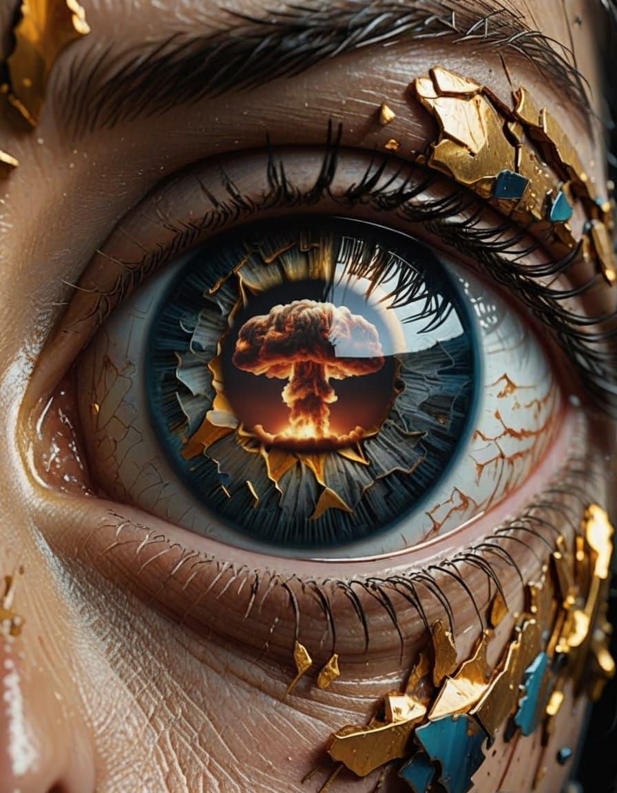 Hyperrealistic Human Eye Reflecting War's Tragedy