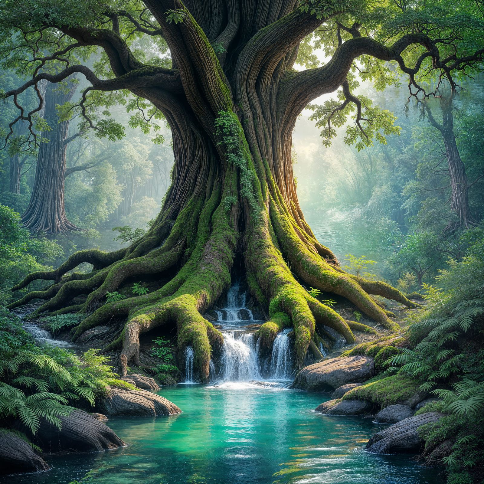 Majestic Tree with Spring Flowing From Roots