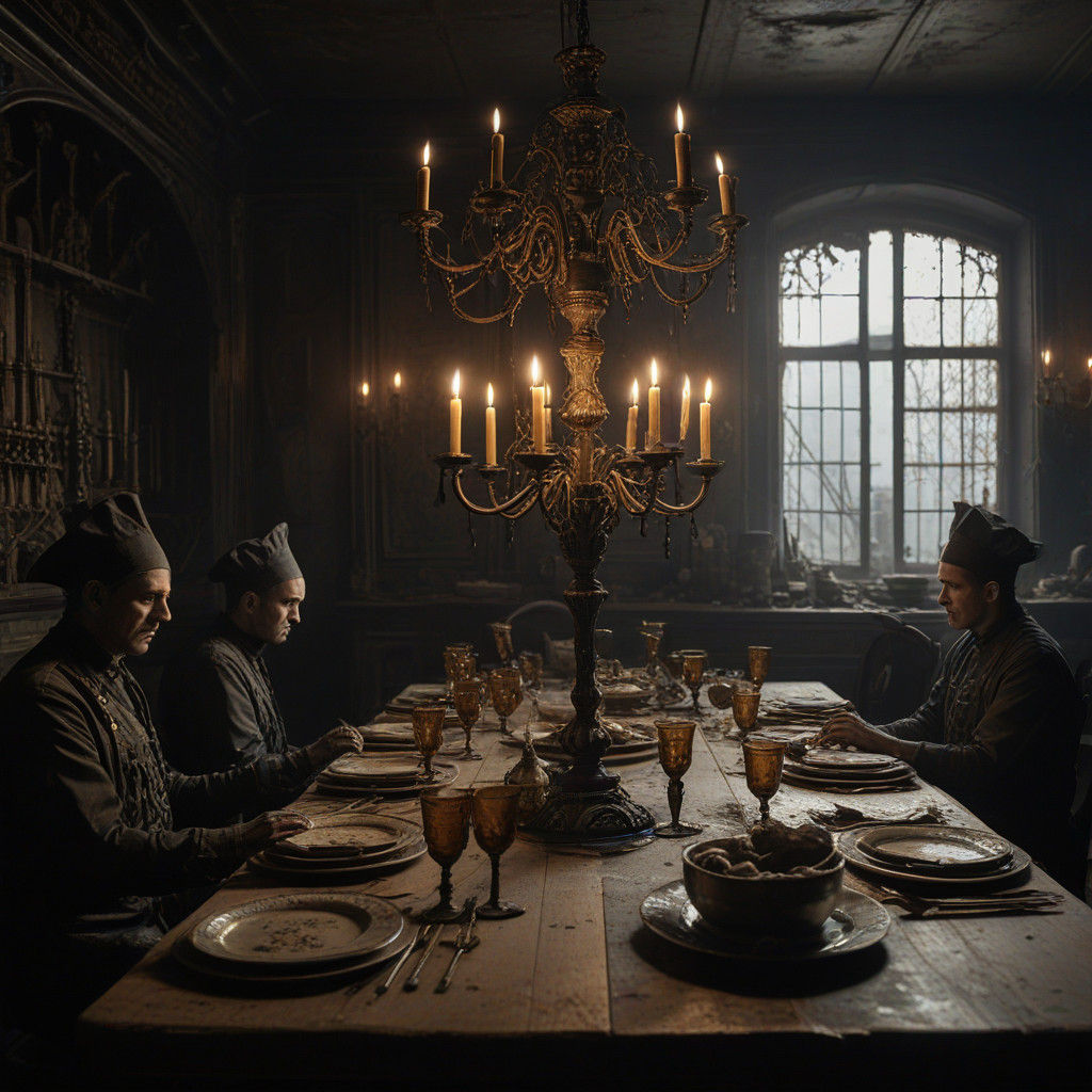 Industrial Surrealism Dinner Scene with Workers in Grungy Ki...