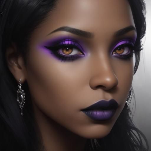 Beautiful gothic African-American woman with long hair hair and dark brown eyes with purple eyeshadow with black eyeline...