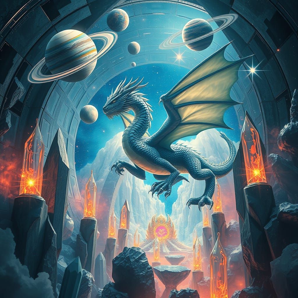 Cosmic Dragon Navigating Crystal Tunnels in Surreal Style