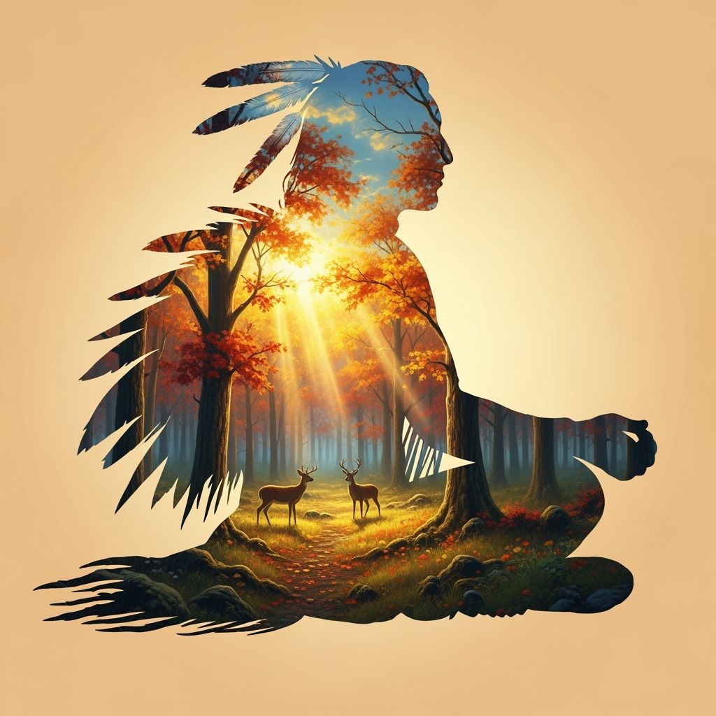 Native Spirit Guide in Autumn Forest Double Exposure