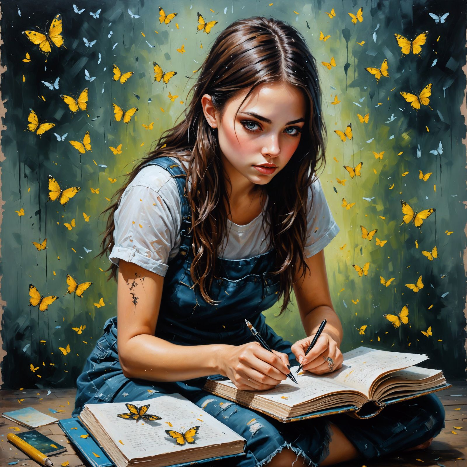 Girl with Diary and Fireflies: 3D Impasto Oil Painting