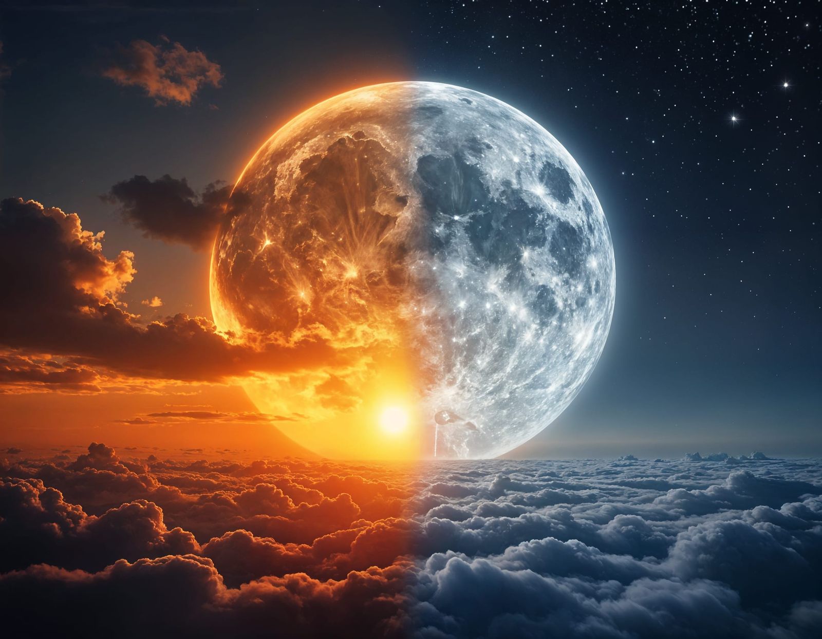 Surreal Sky: Sunset Meets Moonlit Night