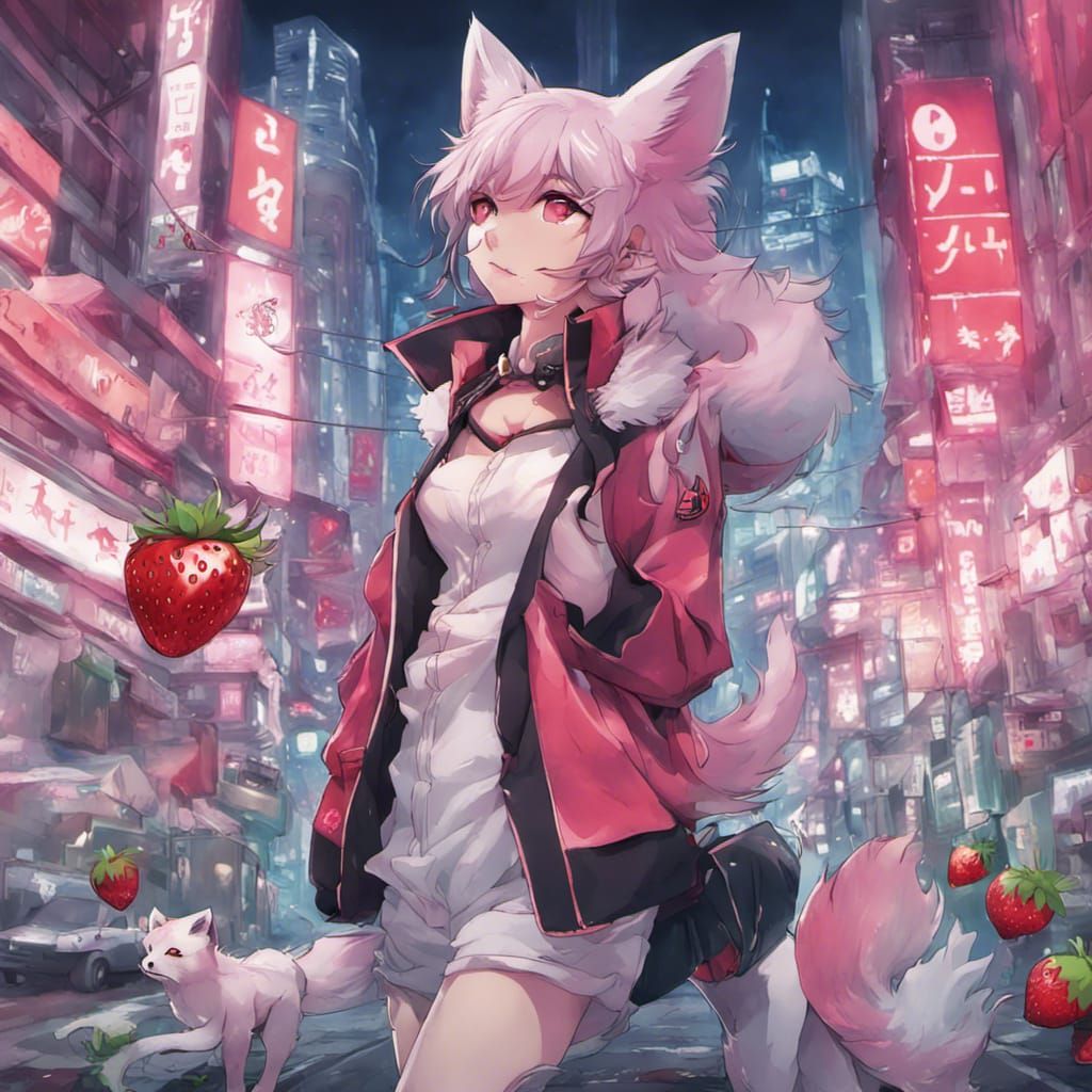 Strawberry Arctic Fox in Cyberpunk Anime Style