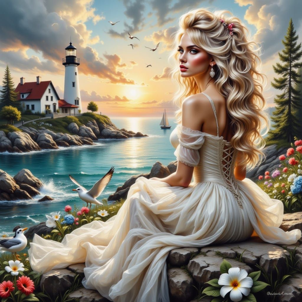 Blonde Woman at Lighthouse: 3D Coastal Painting