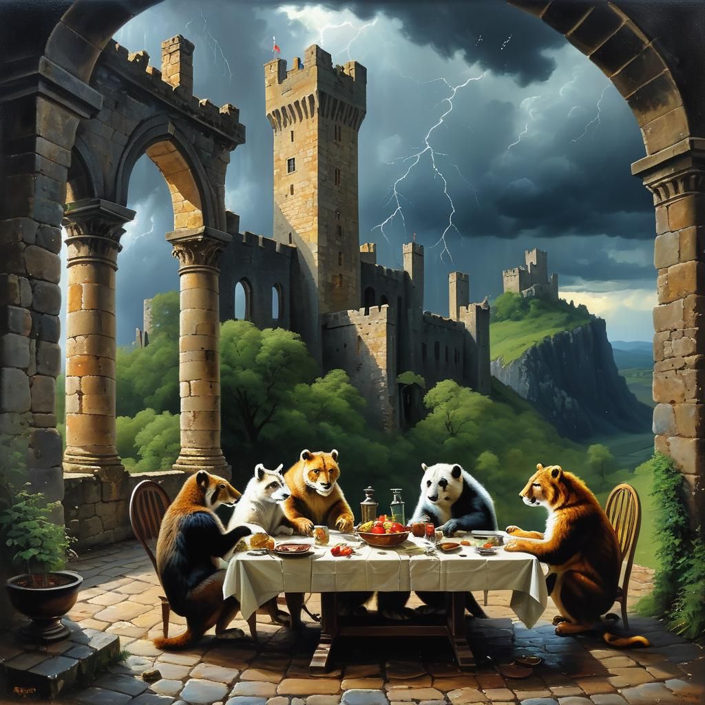 Wild Animals Dine During Castle Thunderstorm